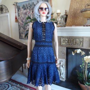 New Just Cavalli Navy Blue Eyelet Dress w/Front Lace up Detail Size EU 42 US 6